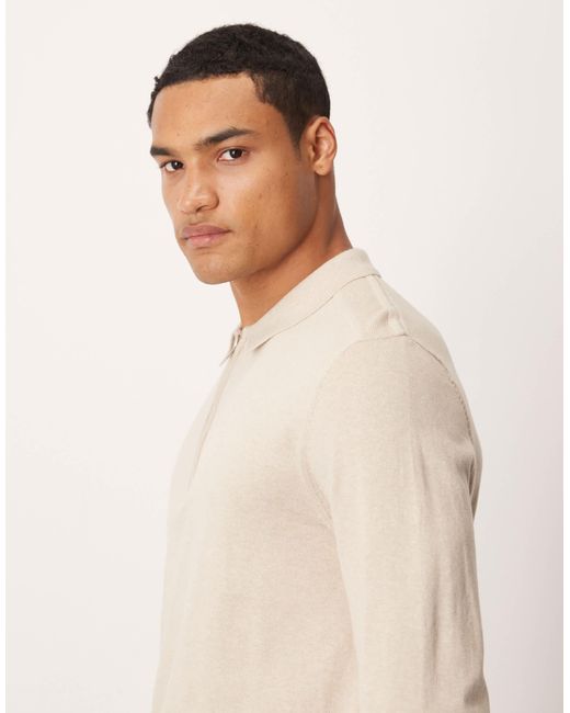 SELECTED Natural 100% Cotton Long Sleeve Half Zip Polo for men