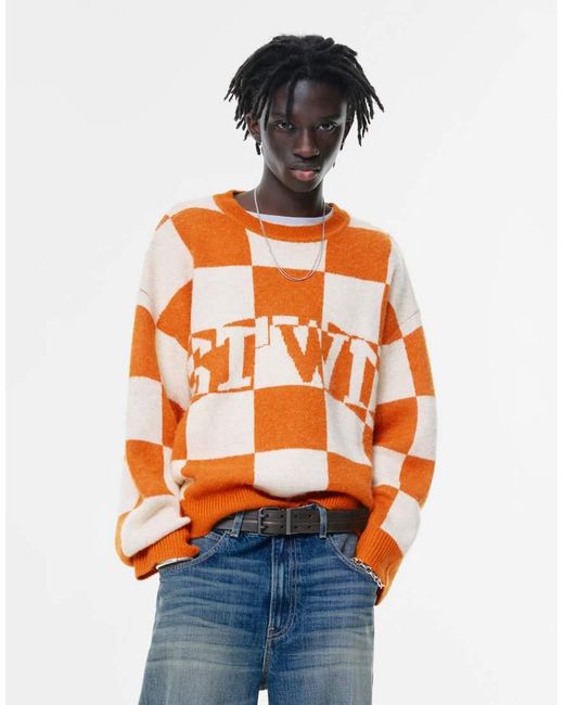 Pull&Bear Orange Stwd Checked Sweater for men