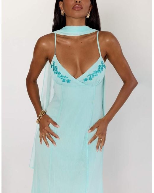 Princess Polly Blue Jadira Chiffon Scarf Detail Embroidered Detail Cami Maxi Dress