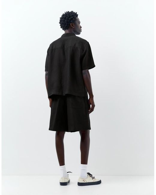 Pull&Bear Black 100% Linen Short Sleeve Shirt for men