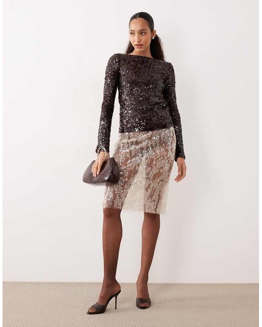 Mango Brown Sequin Long Sleeve Top