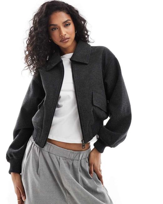 Pull&Bear Black Wool Look Bomber Jacket