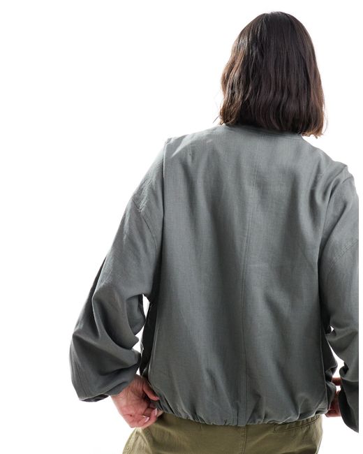 Pull&Bear Gray Oversized Linen Look Bomber Jacket