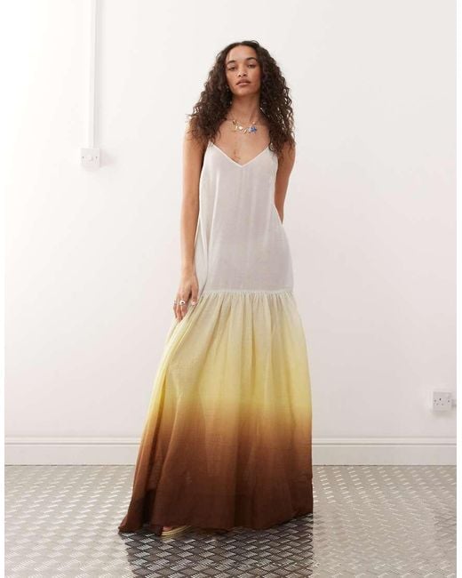 Monki Natural Crinkled Tiered Floaty Maxi Dress With Low Tie Back Detail