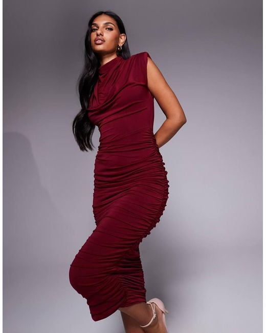 TFNC London Red High Neck Padded Shoulder Midi Dress