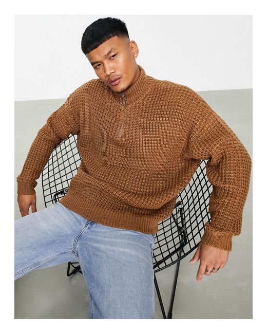 ASOS Oversized Waffle Knit Half Zip Jumper in Brown for Men Lyst