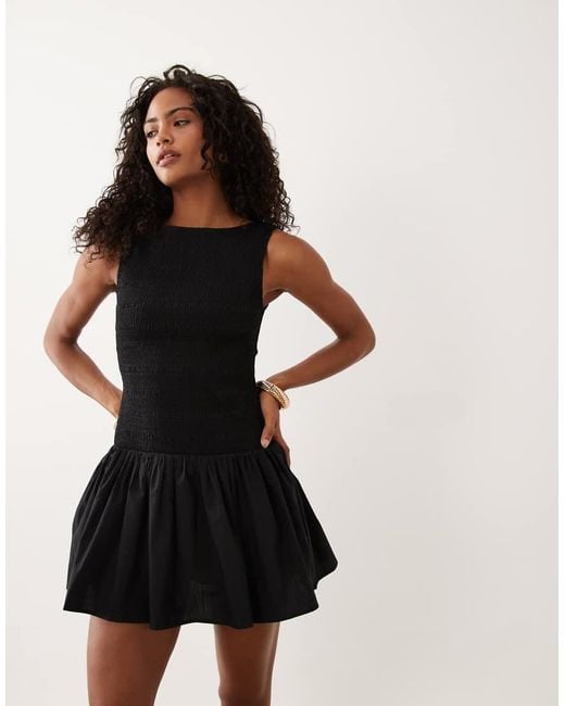Abercrombie & Fitch Black Slash Neck Smocked Skort Mini Dress