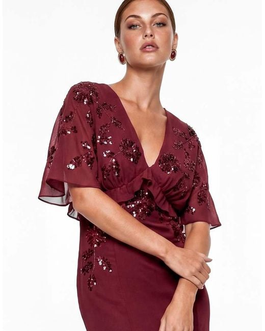 Maya Red Floral Embellished Cape Sleeve Midaxi Dress