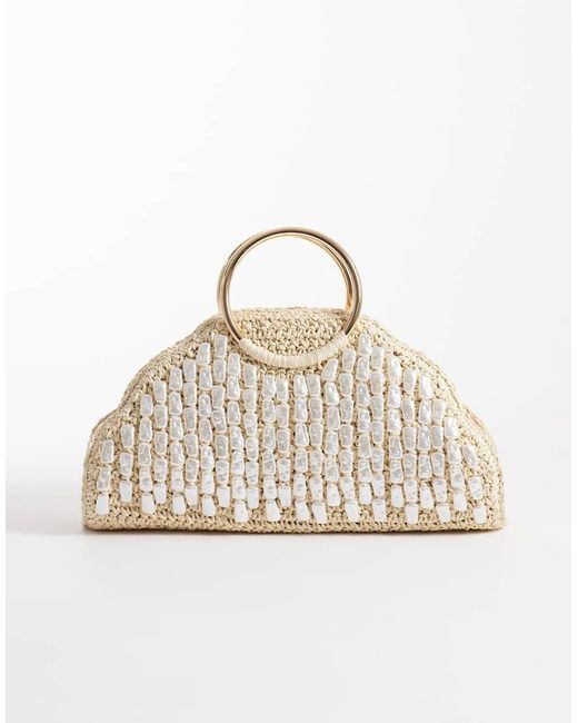 River Island Metallic Pearl Detail Raffia Handle Bag