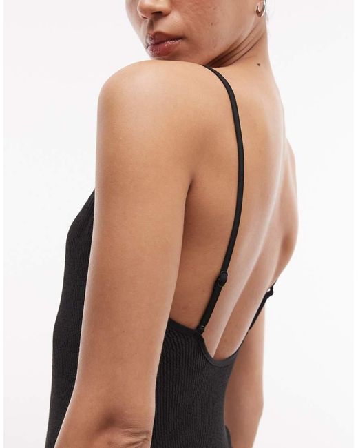 Monki Black Crinkle Scoop Neck High Leg Swimsuit