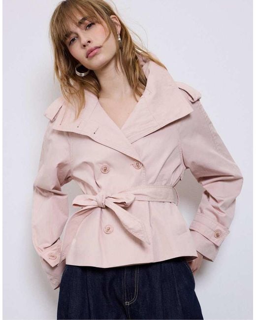 Stradivarius Pink High Neck Trench Coat With Belt