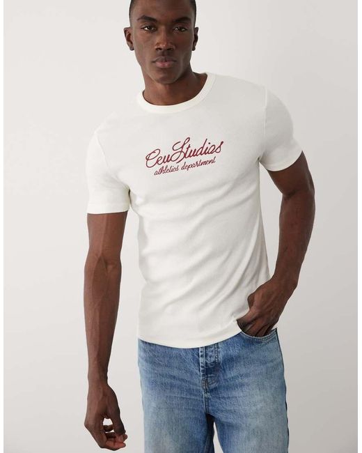 ASOS White Muscle Fit T-shirt With Text Embroidery for men