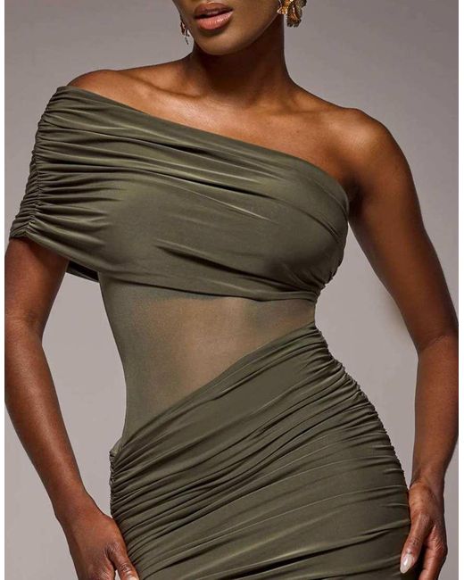 Goddiva Green Gathered One Shoulder Sheer Panel Maxi Dress