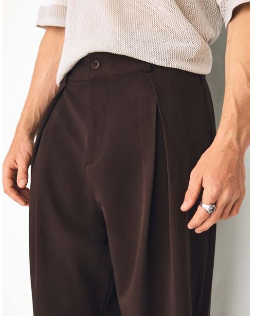 Bershka White Tall Pleated Baggy Trousers for men