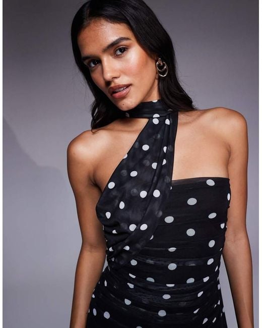 ASOS Blue Printed Polka Dot Bandeau Maxi Dress With Scarf Detail