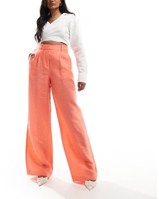 Mango Red Linen Mix Wide Leg Trousers