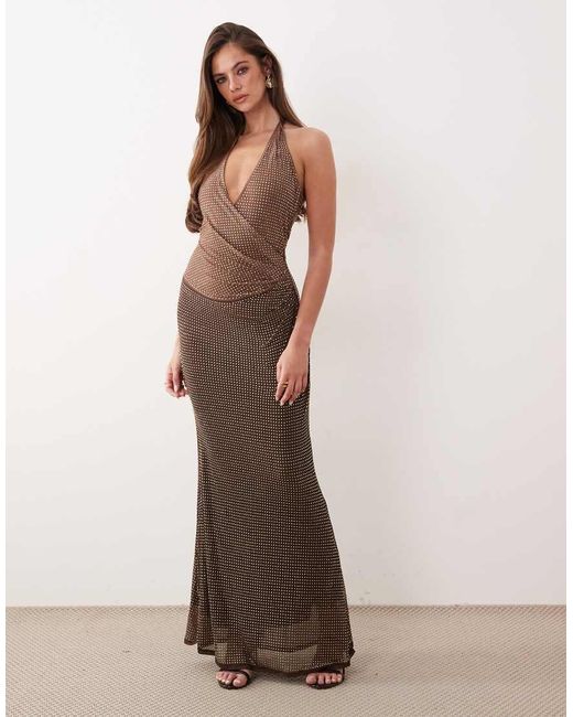 ASOS Green Embellished Ombre Hot Fix Halter Neck Fishtail Maxi Dress
