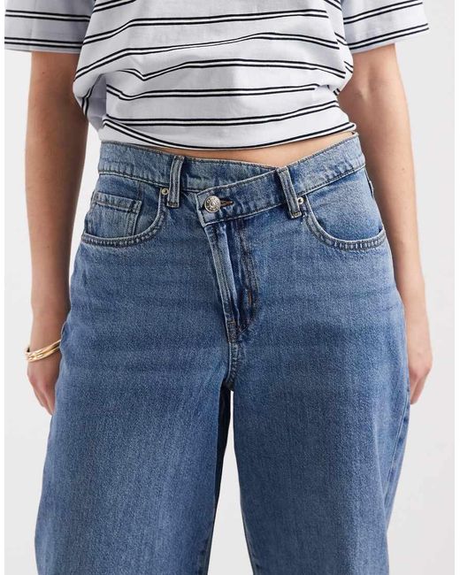 ONLY Blue Hope Mid Rise Wide Leg Jeans With Button Detail
