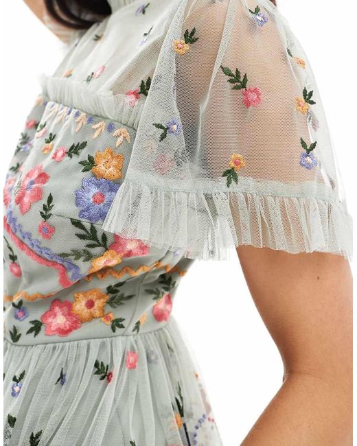 Maya Green Embroidered Short Sleeve High Neck Mini Dress