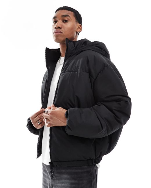 Pull&Bear Black Boxy Puffer Jacket With Hood for men
