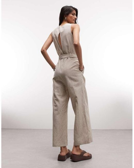 Monki White Linen Sleeveless Wide Leg Jumpsuit With Tie Belt Detail