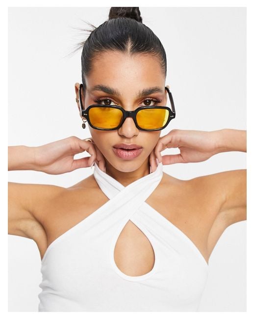 ASOS Vierkante Zonnebril Met Gele Glazen in het Zwart | Lyst NL