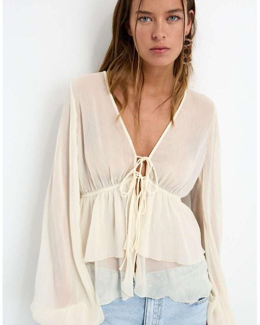 Pull&Bear Natural Loose Blouse With Ruffles