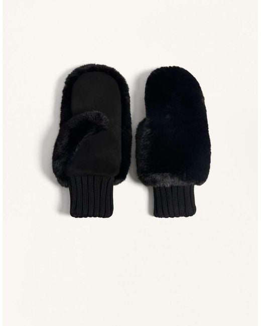 Oysho Black Faux Fur Mittens With Elasticated Cuffs