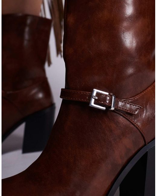 Public Desire Brown Dusty Square Toe Heeled Ankle Boots