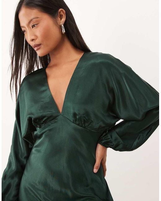 Nobody's Child Petite Green Allura Satin Balloon Sleeve Plunge Neck Maxi Dress