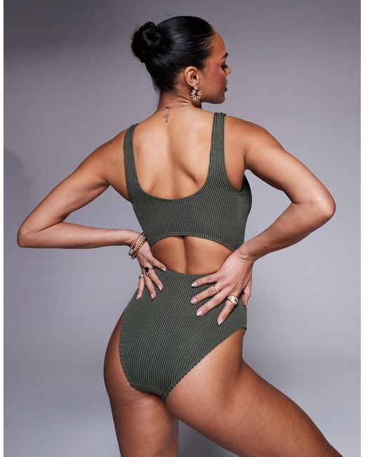 South Beach Gray Crinkle Stripe Cut Out Swimsuit