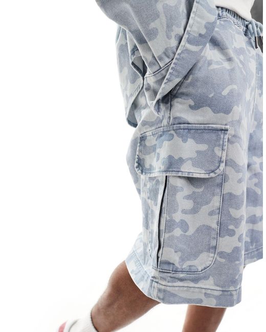 Armani Exchange Blue Tonal Camo Pattern Denim Shorts for men