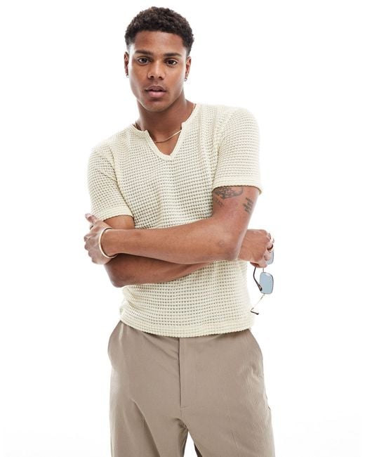 T-shirt coupe carrée en crochet - beige ASOS pour homme en coloris White