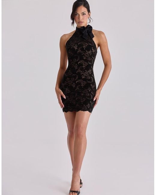 House Of Cb Black Natalya Lace High Neck Mini Dress With Detachable Bow