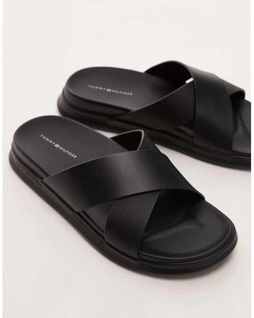 Tommy Hilfiger Black Cross Leather Sandals for men