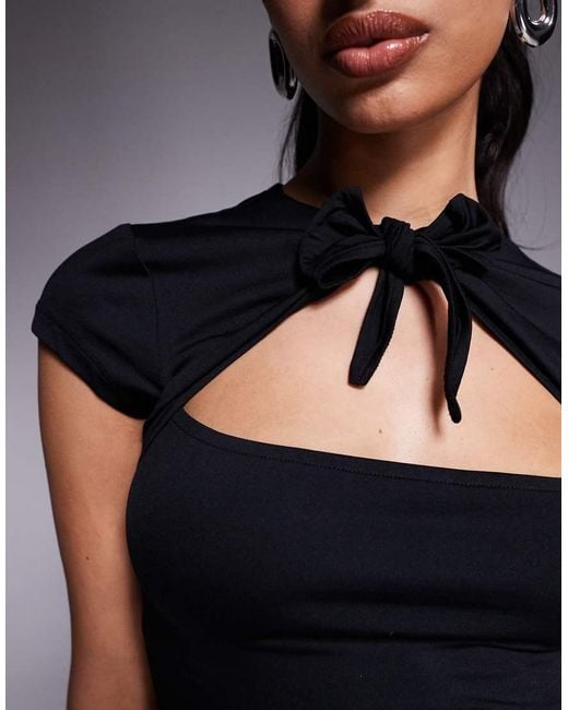 ASOS Black Tie Front Cut Out Cap Sleeve Top