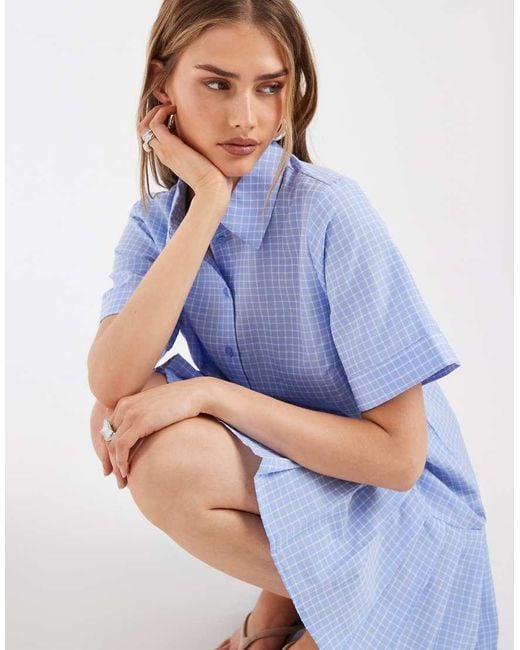 Pieces Blue Drop Waist Pleated Mini Shirt Dress