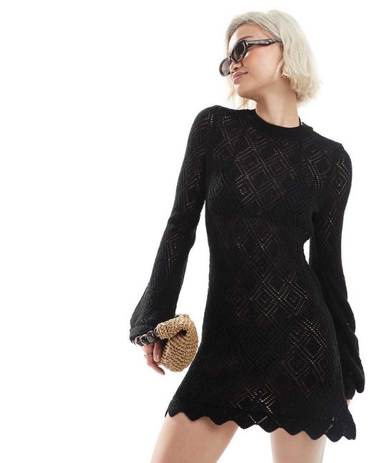 Miss Selfridge Black Wide Sleeve Scallop Hem Knitted Beach Dress