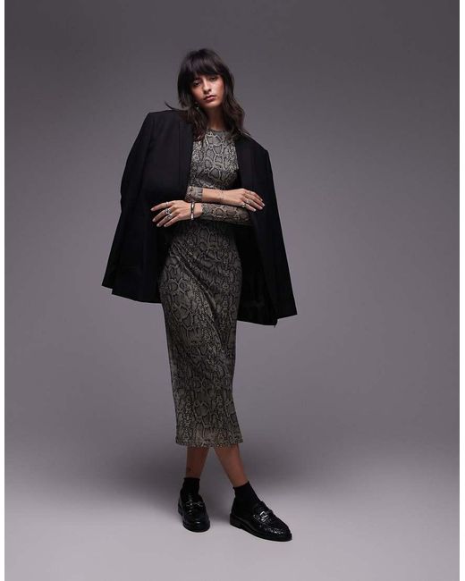 Mango Gray Mesh Ruched Side Snake Print Midi Dress