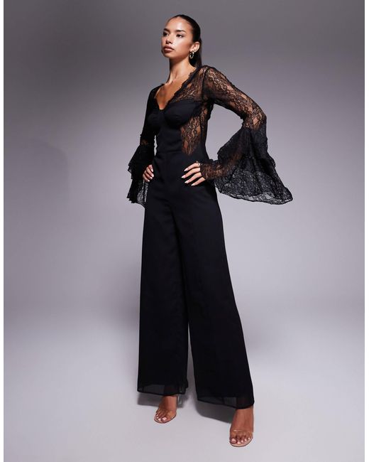 ASOS Black Corset Detail Jumpsuit With Lace Ruffle Sleeves