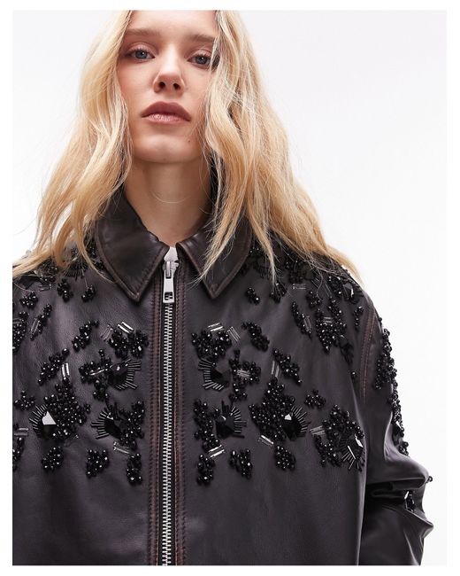 TOPSHOP Black Real Leather Washed Bomber Jacket With Embellishment