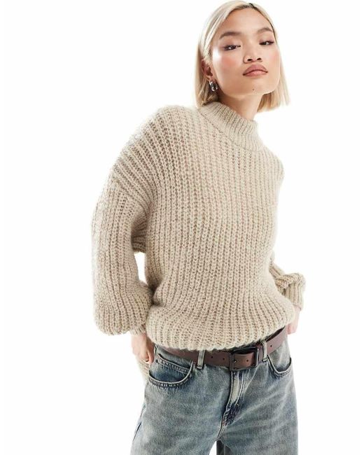 Monki Natural High Neck Chunky Rib Knitted Jumper With Volume Sleeve