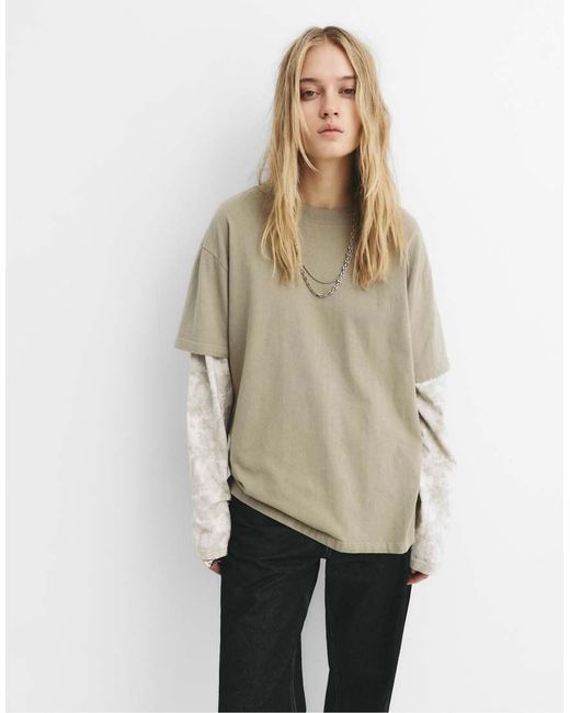 Pull&Bear Natural Double Sleeve T-Shirt