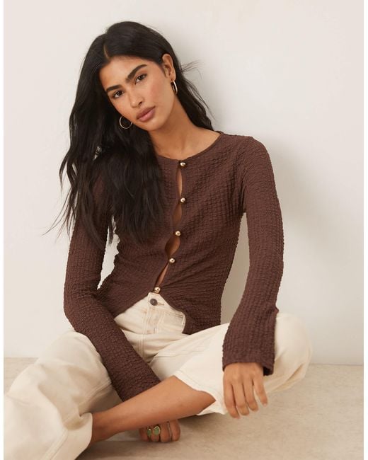 ASOS Brown Textured Long Sleeve Button Detail Top