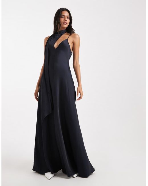 WeWoreWhat Blue Scarf Neck Detail Slip Maxi Dress