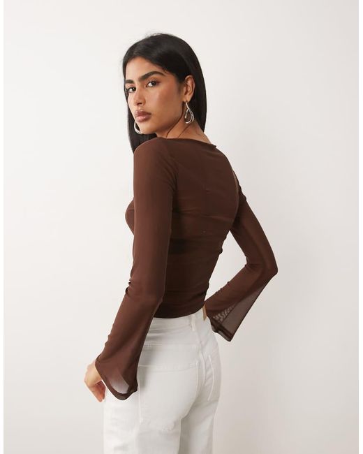 ASOS Brown Sheer Mesh Flare Long Sleeve Top