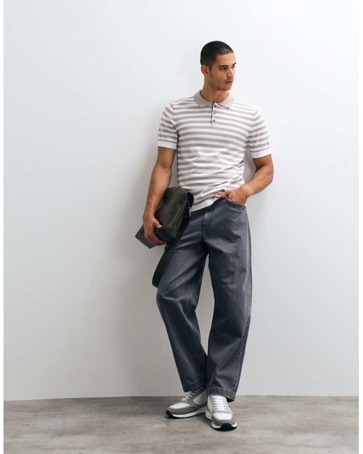 River Island Gray Short Sleeve Stripe Knitted Polo for men