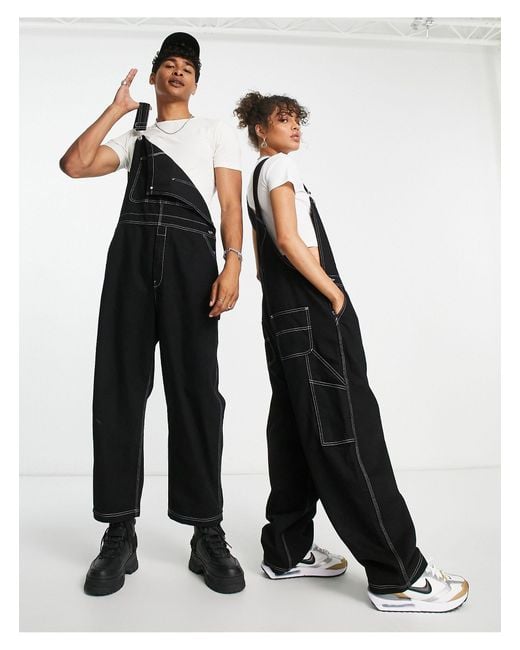 Collusion White Unisex Oversized Denim Dungarees With Contrast Stitch