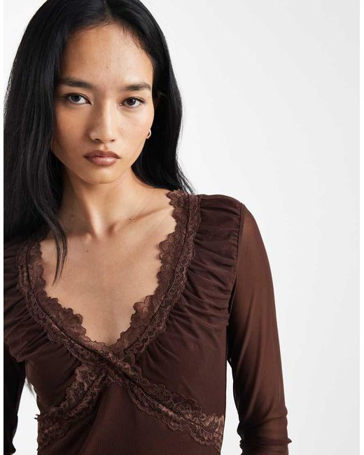ASOS Black Mesh Lace Trim Plunge Long Sleeve Top
