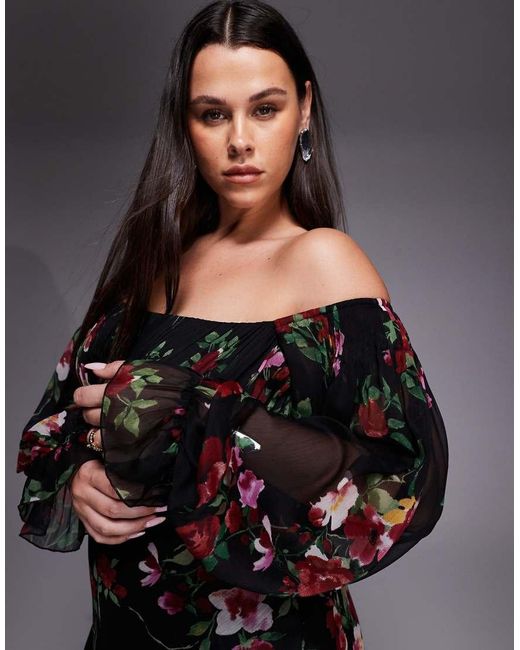ASOS Black Asos Design Curve Bardot Ruffle Maxi Dress With Tiered Godets And Blouson Sleeves